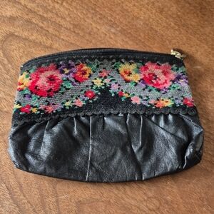 FEILER Germany Floral Pouch Embroidered Makeup Bag Black Top Zip Cosmetic Case